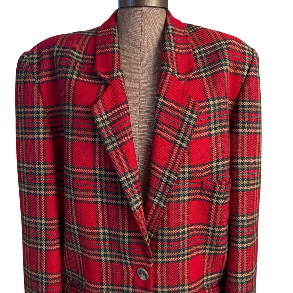 Ellen Tracy Wool Cashmere Blazer Women's Size 12 Red Plaid Holiday Lined Jacket